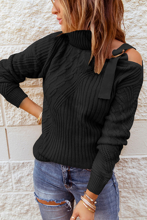 Strapped Cut Out Shoulder Turtleneck Sweater